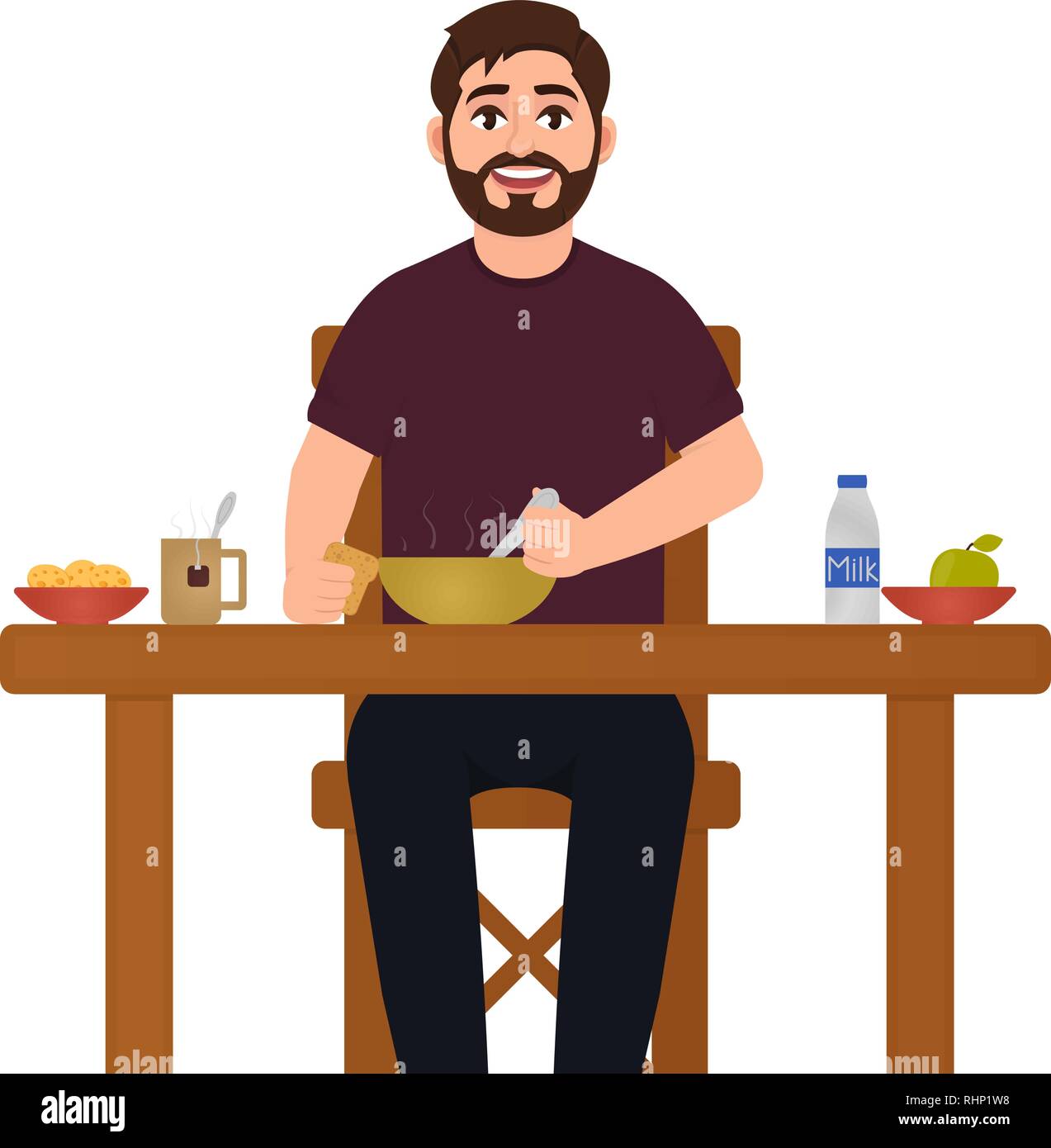 A man is eating food, a happy bearded man is sitting at the table and  having lunch, eating vector illustration, character in cartoon style Stock  Vector Image & Art - Alamy