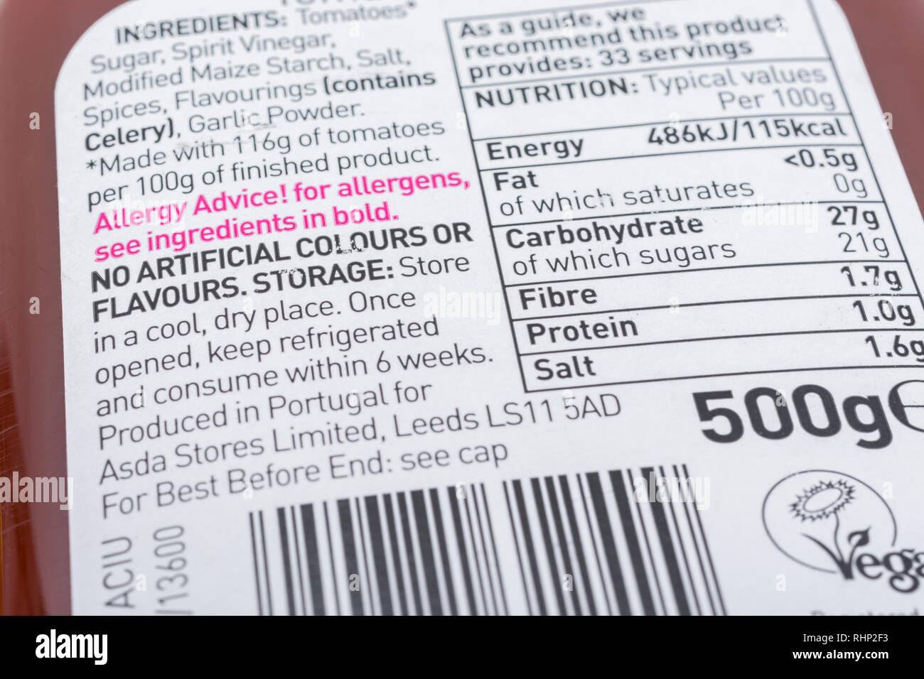 ASDA tomato sauce label stating no use of artificial colours or flavours. Nutrition food label.. For food packaging, food labels, food labelling. Stock Photo