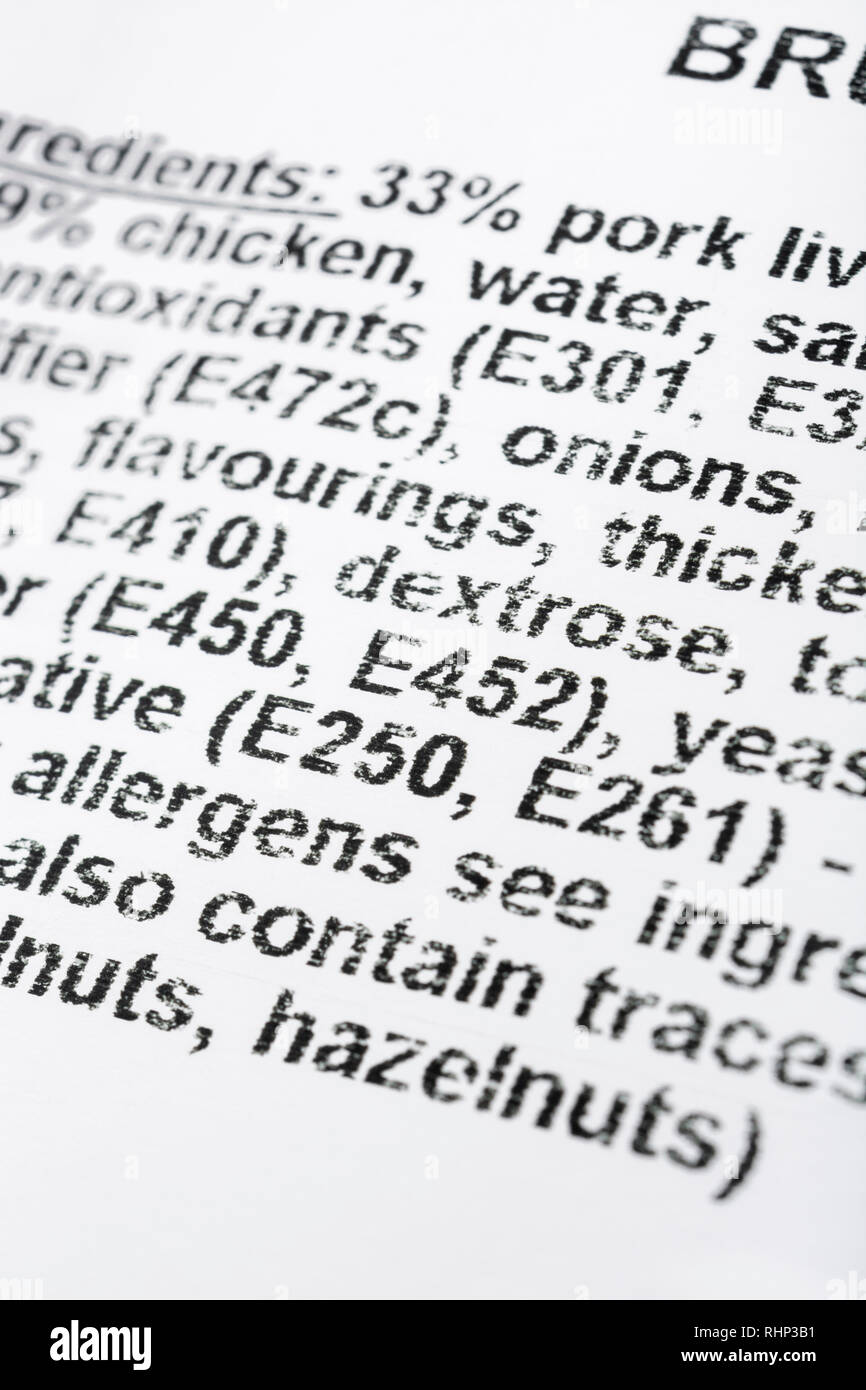 Macro close-up food ingredient label of ready-made Brussels Pate showing food additive E Numbers. For nutrition food label, food packaging, food label Stock Photo