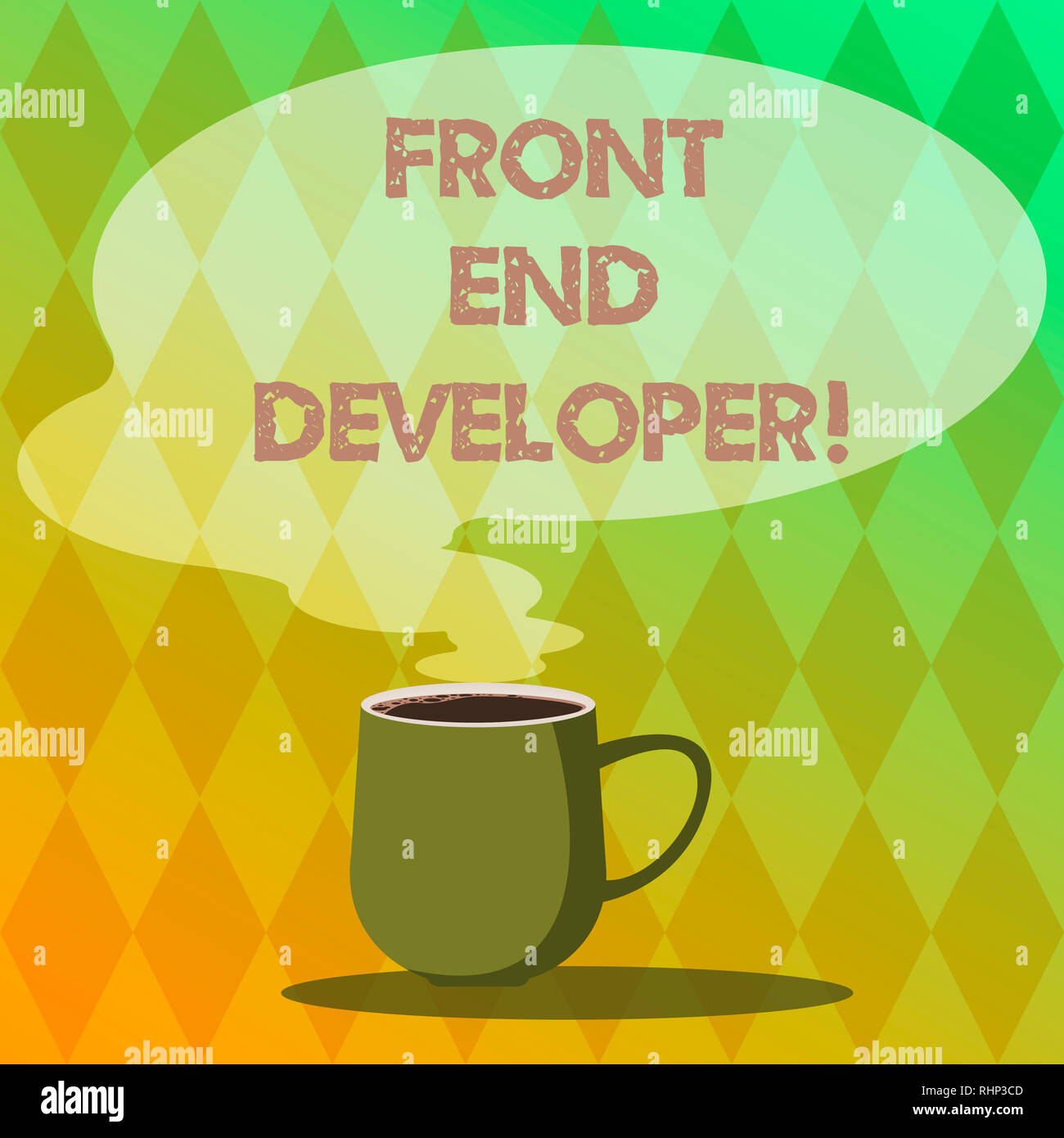Handwriting text writing Front End Developer. Concept meaning computer programmer codes and creates visual elements Mug photo Cup of Hot Coffee with B Stock Photo