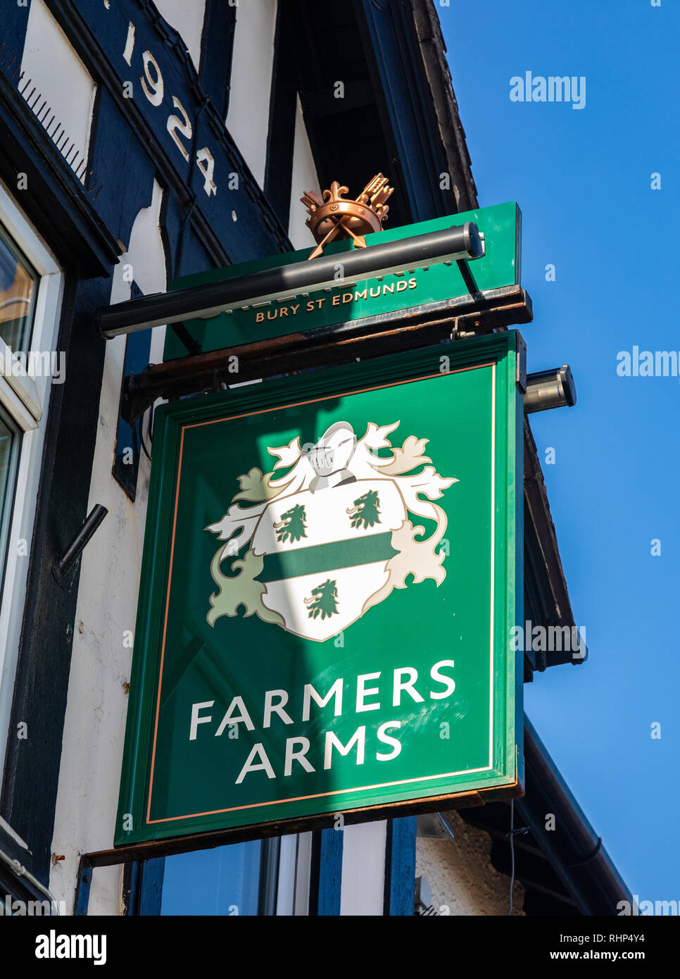 Exterior sign for the Farmers Arms public house part of the Greene King chain Wallasey Village February 2019 Stock Photo
