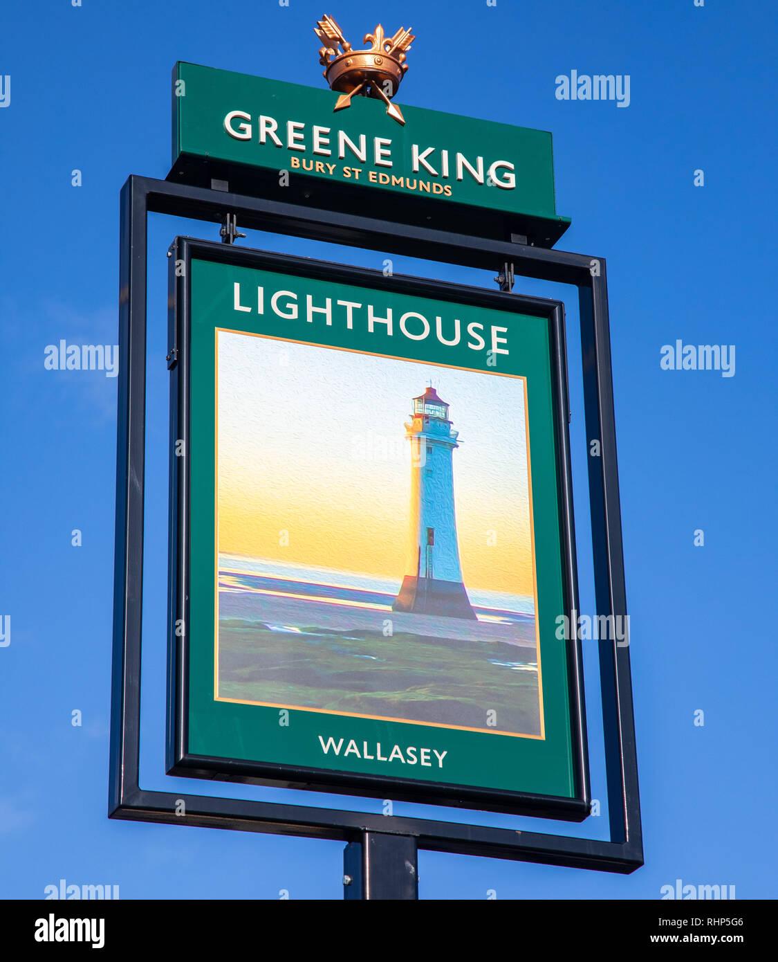 Exterior sign for The Lighthouse public house Wallasey Village part of the Greene King pub and restaurant chain Wallasey Village February 2019 Stock Photo