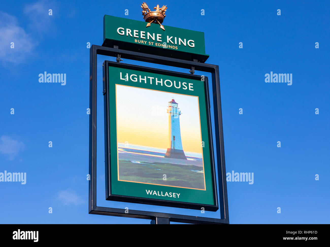 Exterior sign for The Lighthouse public house Wallasey Village part of the Greene King pub and restaurant chain Wallasey Village February 2019 Stock Photo