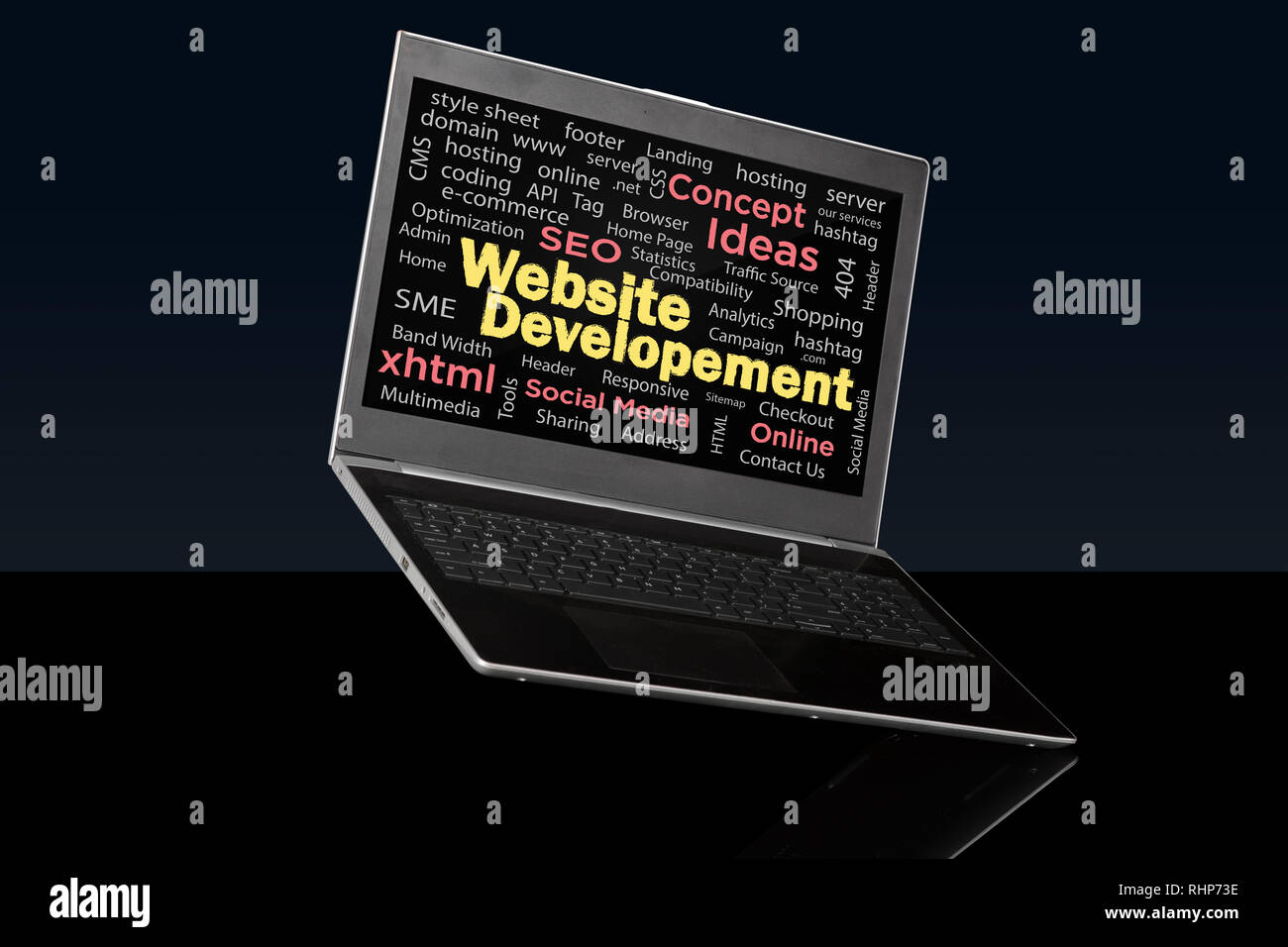 Website Development words collage side view on laptop screen. Stock Photo