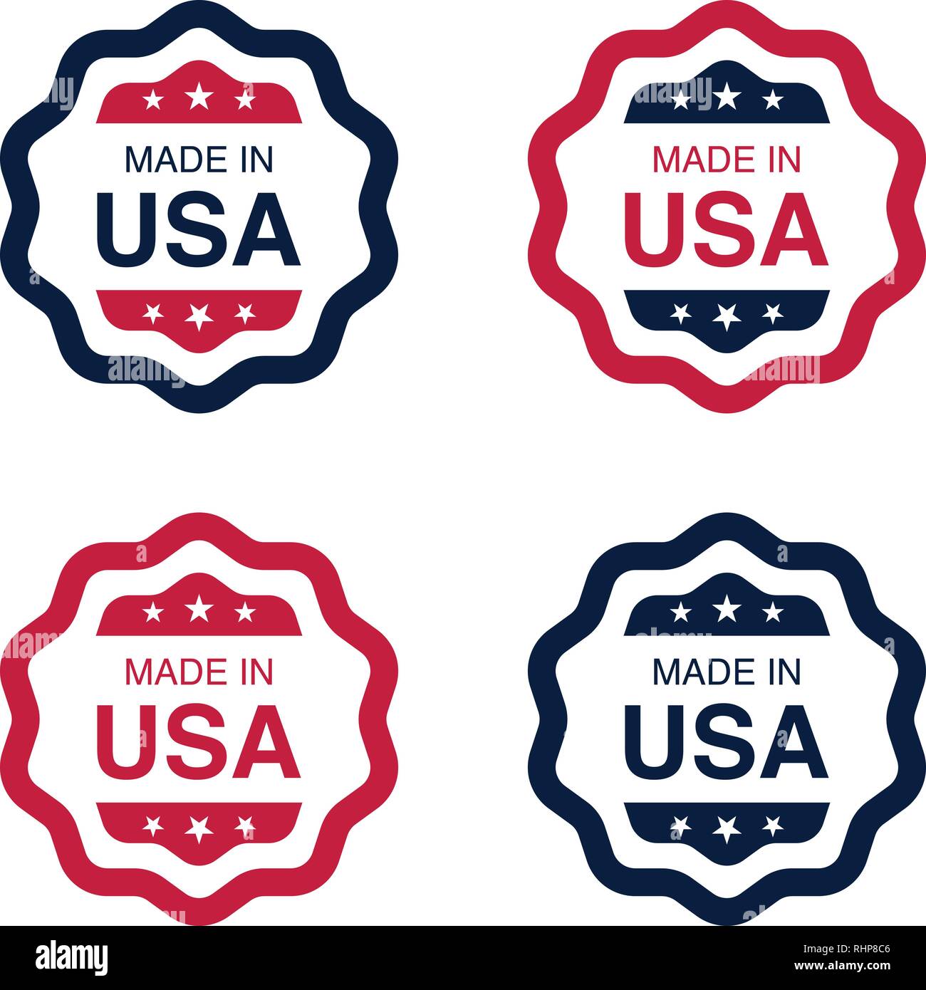 Set of Made in USA (United States of America) signs, labels, and emblems Vector Illustration. Stock Vector