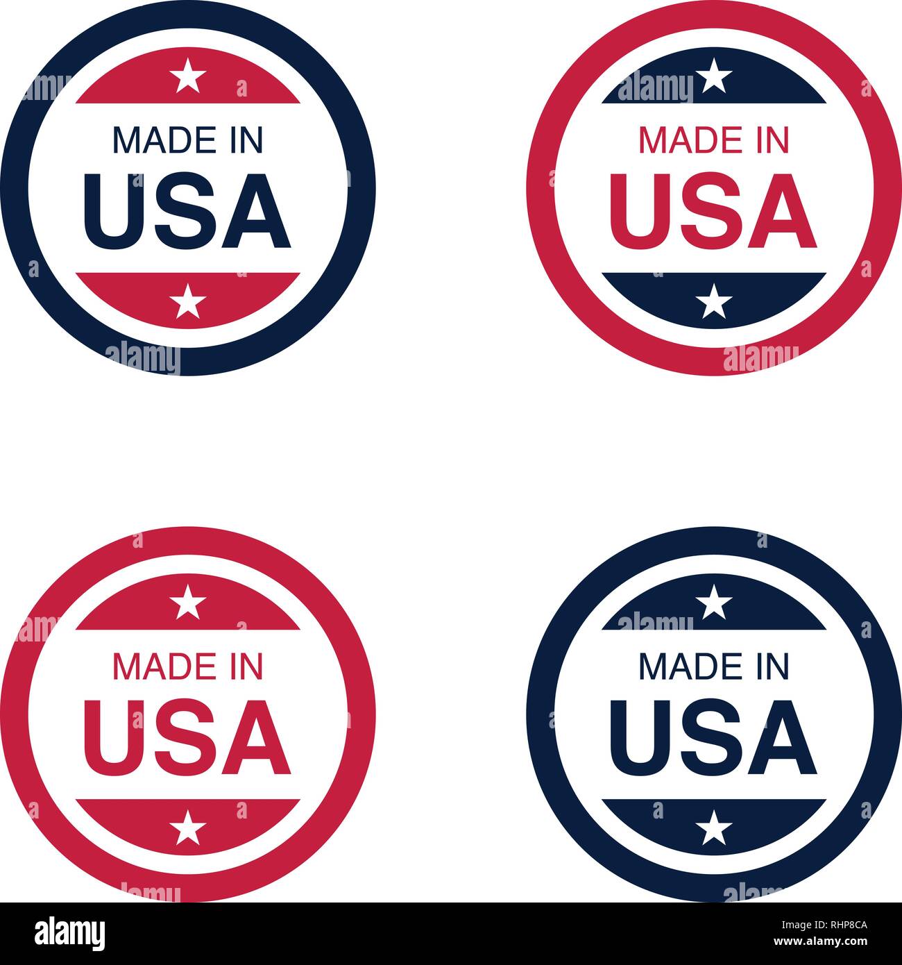 Set of Made in USA (United States of America) signs, labels, and emblems Vector Illustration. Stock Vector