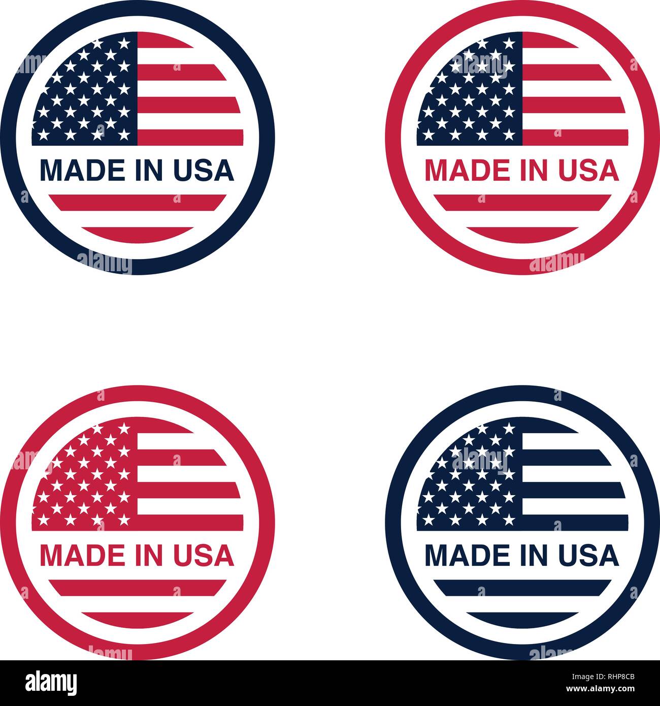 Set of Made in USA (United States of America) signs, labels, and emblems Vector Illustration. Stock Vector