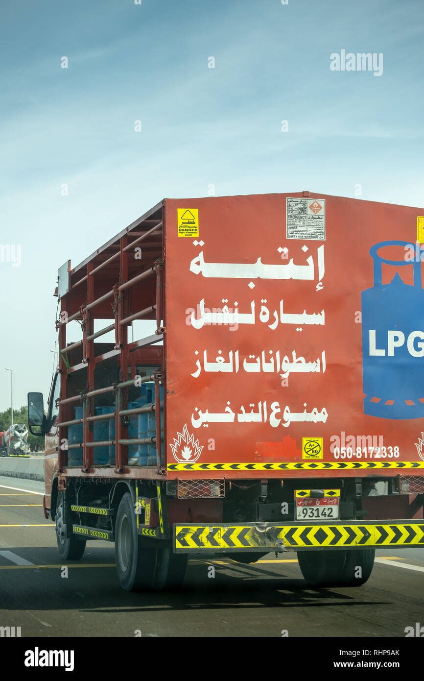LPG cyclinder are being transported in van, Abu Dhabi, UAE Stock Photo