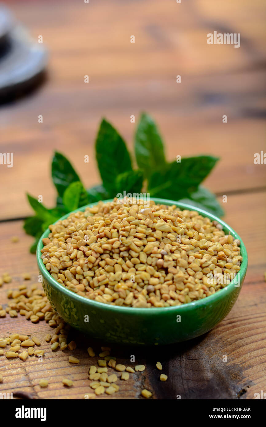 Bowl with fenugreek seeds close-up, used for cooking and traditinal medicine, spices collection Stock Photo