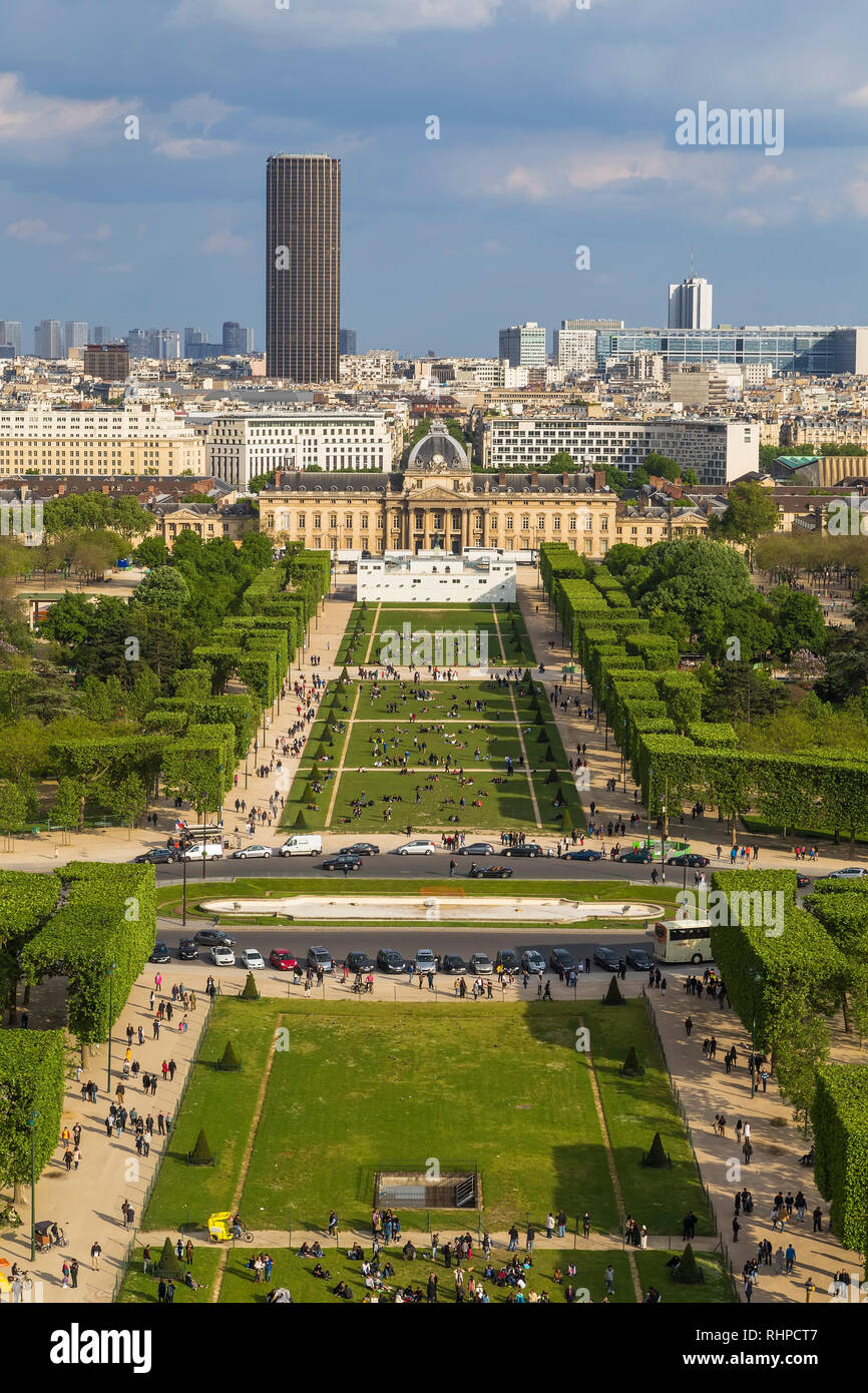 View from the Eiffel Tower at the Champ de Mars and the complex of buildings of the military school in Paris Stock Photo