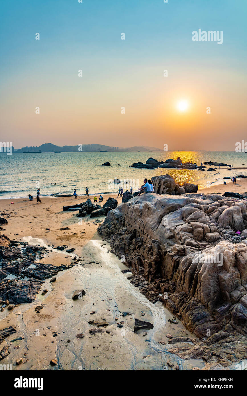 XIAMEN, CHINA -OCTOBER 09: Scenic view of Baicheng beach, a popular tourist destination durin sunset on October 09, 2018 in Xiamen Stock Photo