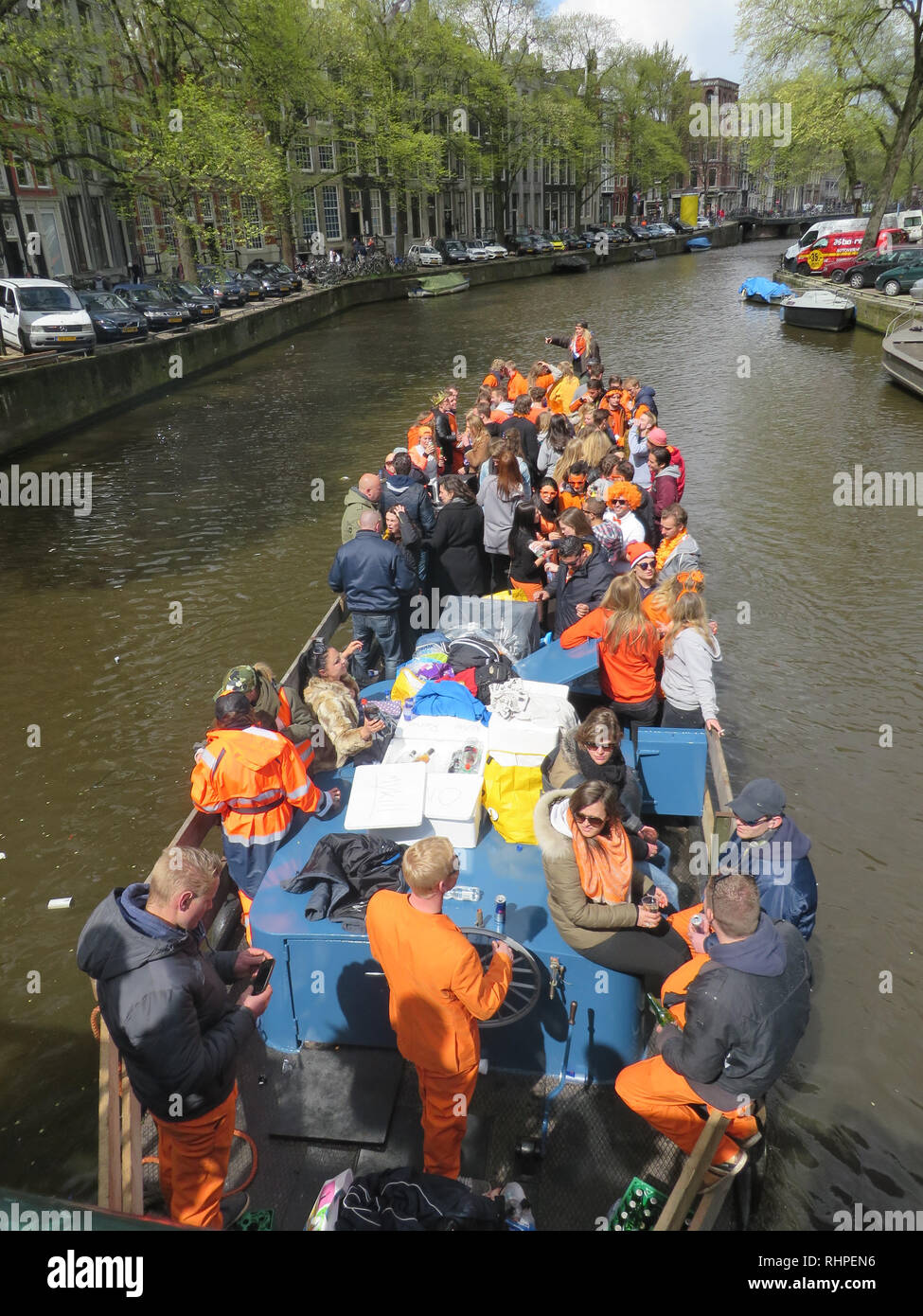 Party boat crowded with people in Leiden, the Netherlands Stock Photo