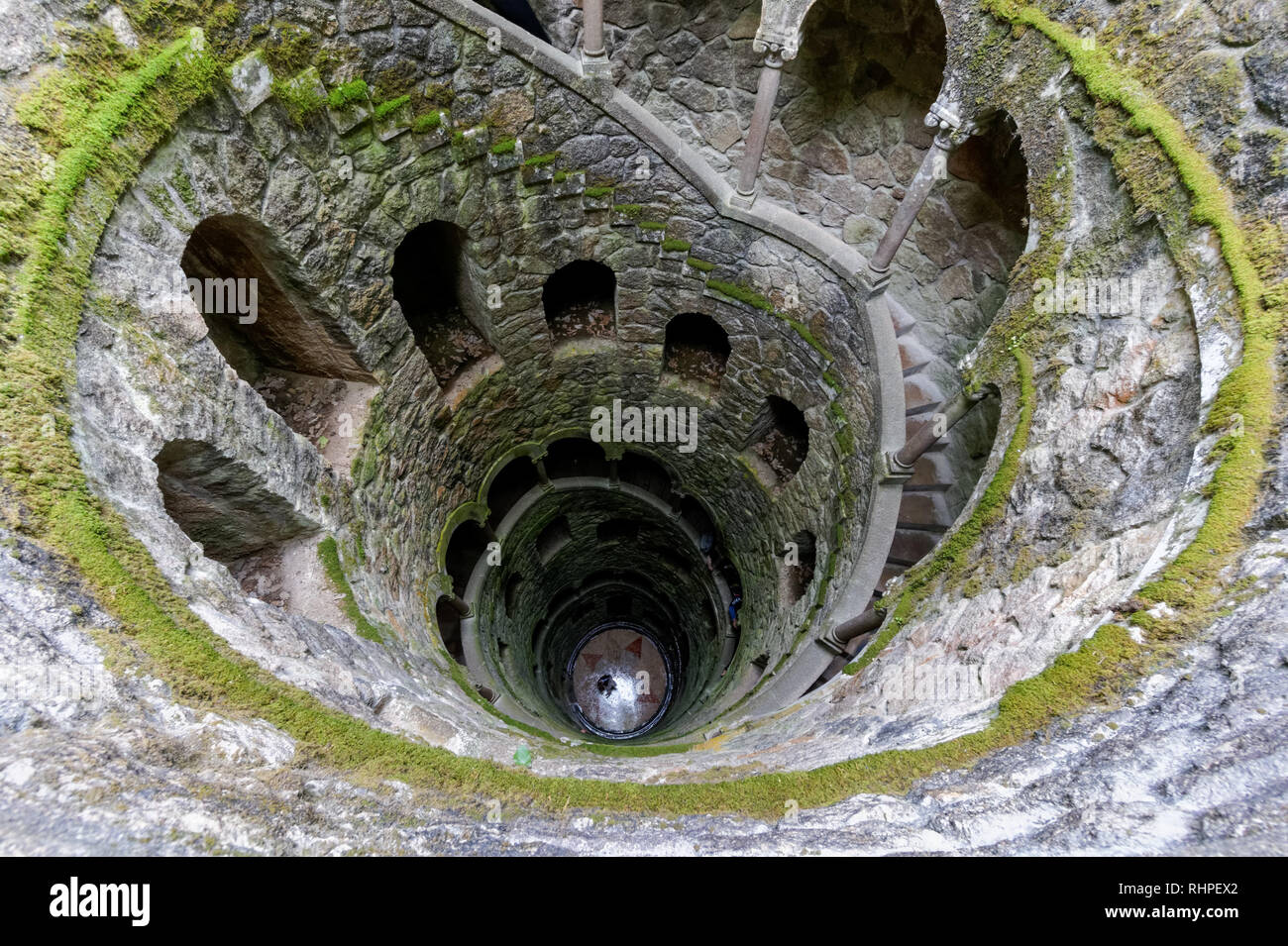 Initiation well or inverted tower in the park of the Quinta da Regaleira palace in Sintra, Portugal Stock Photo