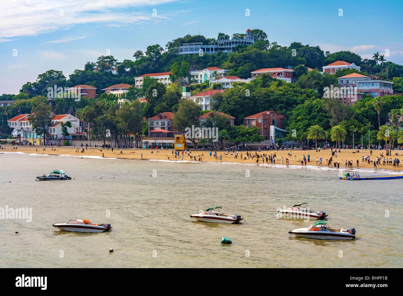 XIAMEN, CHINA -OCTOBER 12: This is a Beach view with seaside buildings and nature at Gulangyu Island on October 12, 2018 in Xiamen Stock Photo