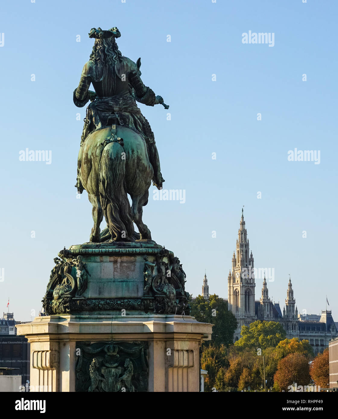 Equestrian statue of Prince Eugene of Savoy on Heldenplatz in Vienna, Austria with the City Hall in the background Stock Photo
