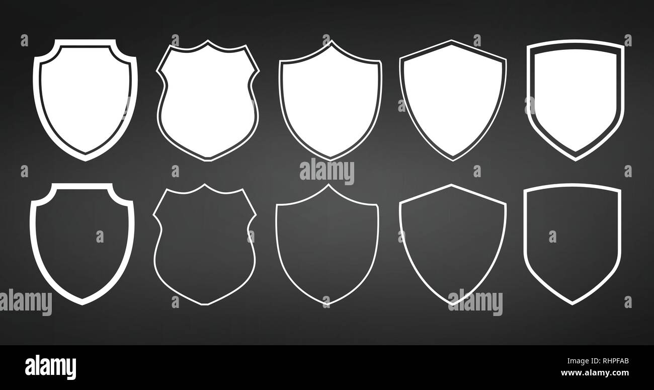 set of flat shields with contours. Vector illustration isolated on black Stock Vector