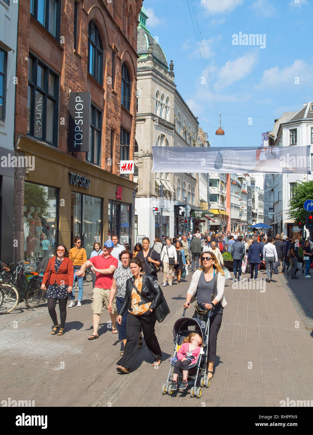 COPENHAGEN, DENMARK - JUNE 14, 2018: People at Stroget street - Copenhagen central shopping street. Copenhagen is the capital of Denmark. Stock Photo