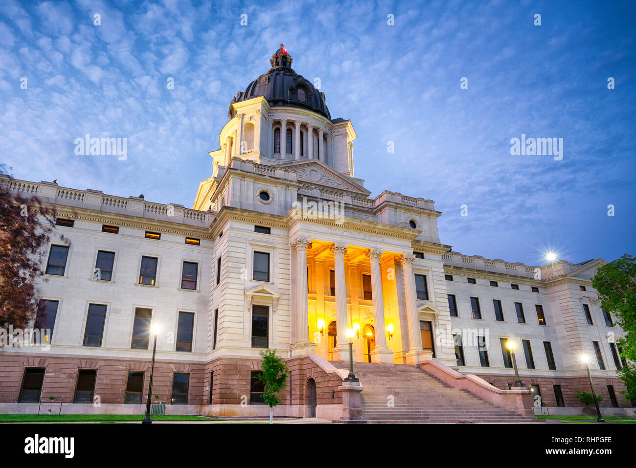 Facade of South Dakota Capital Building in Pierre, SD at night Stock Photo