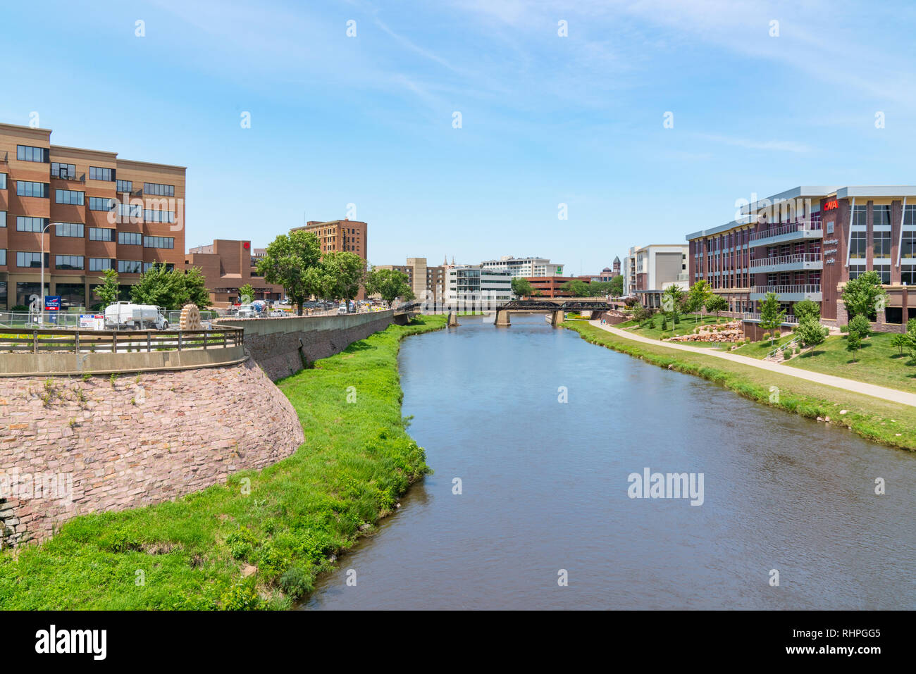 SIOUX FALLS, SD - JULY 10, 2018: Skyline of Sioux Falls South Dakota along the Big Sioux River Stock Photo