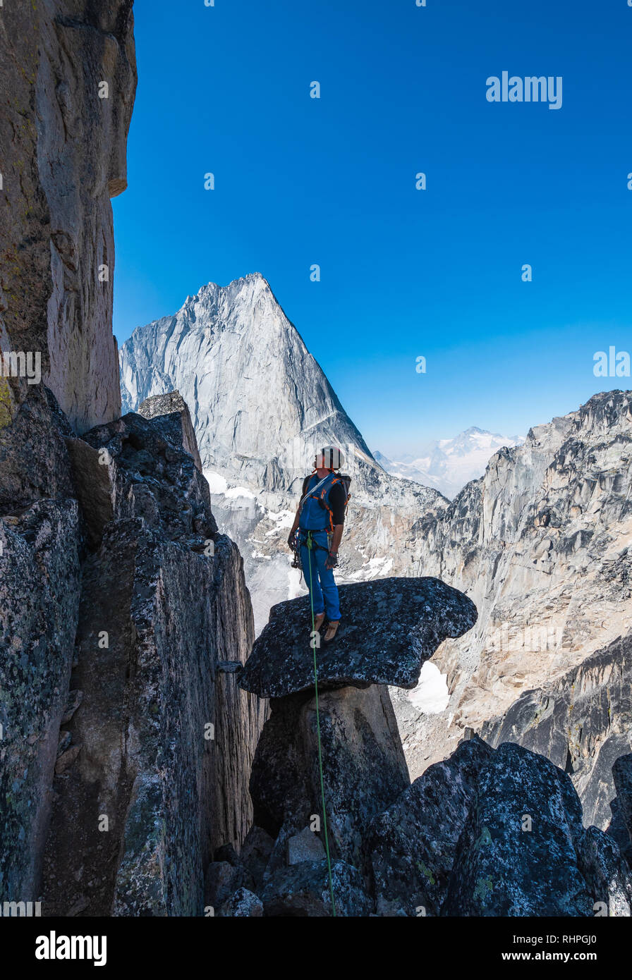 Brandon Prince climbing a route called Ears Between 5.7 in the Purcell Mountains Stock Photo