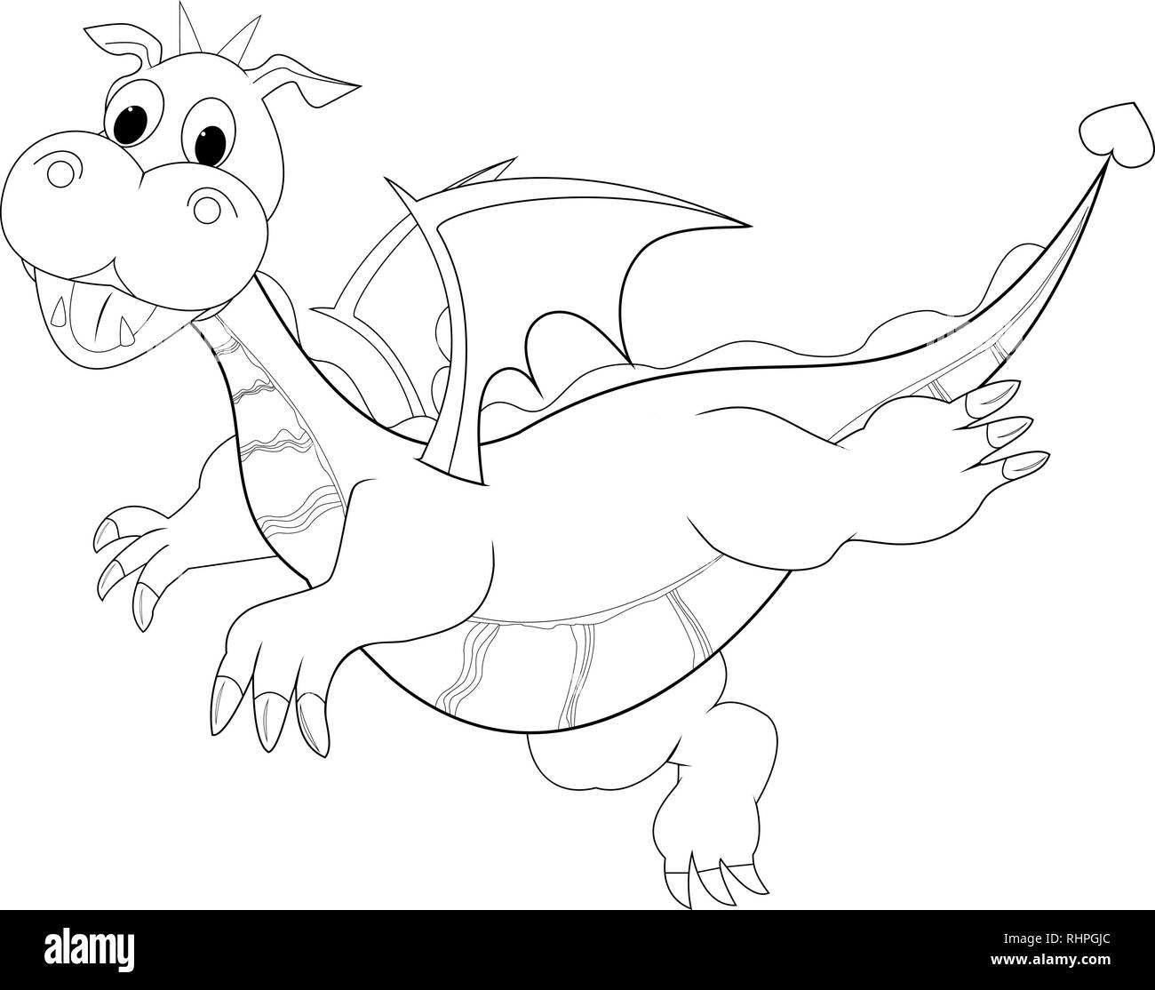 Dragon outline on a white background. Sketch of a flying dragon for coloring. Stock Vector