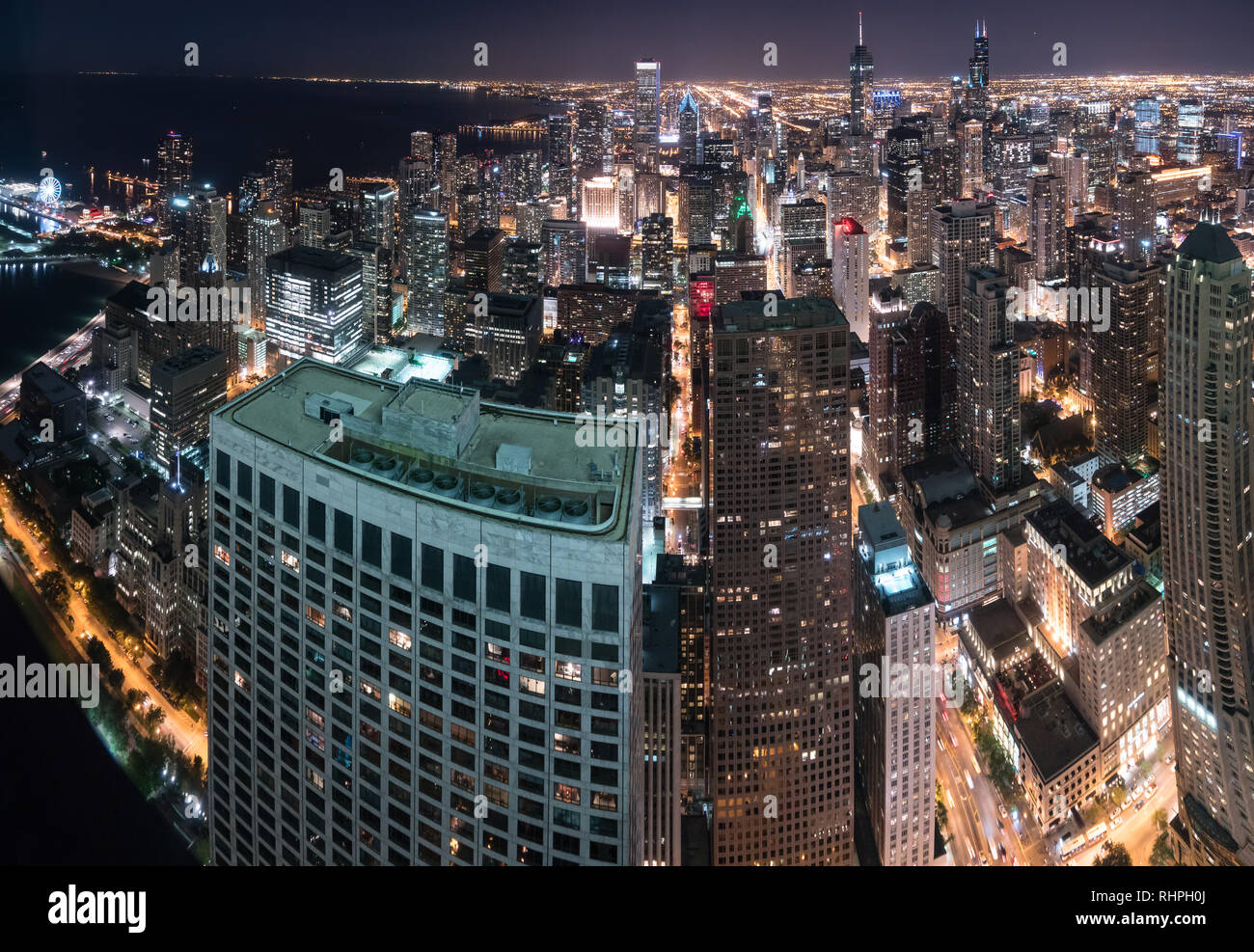 Aerial view Chicago Night Skyline looking south along Lake Michigan Stock Photo