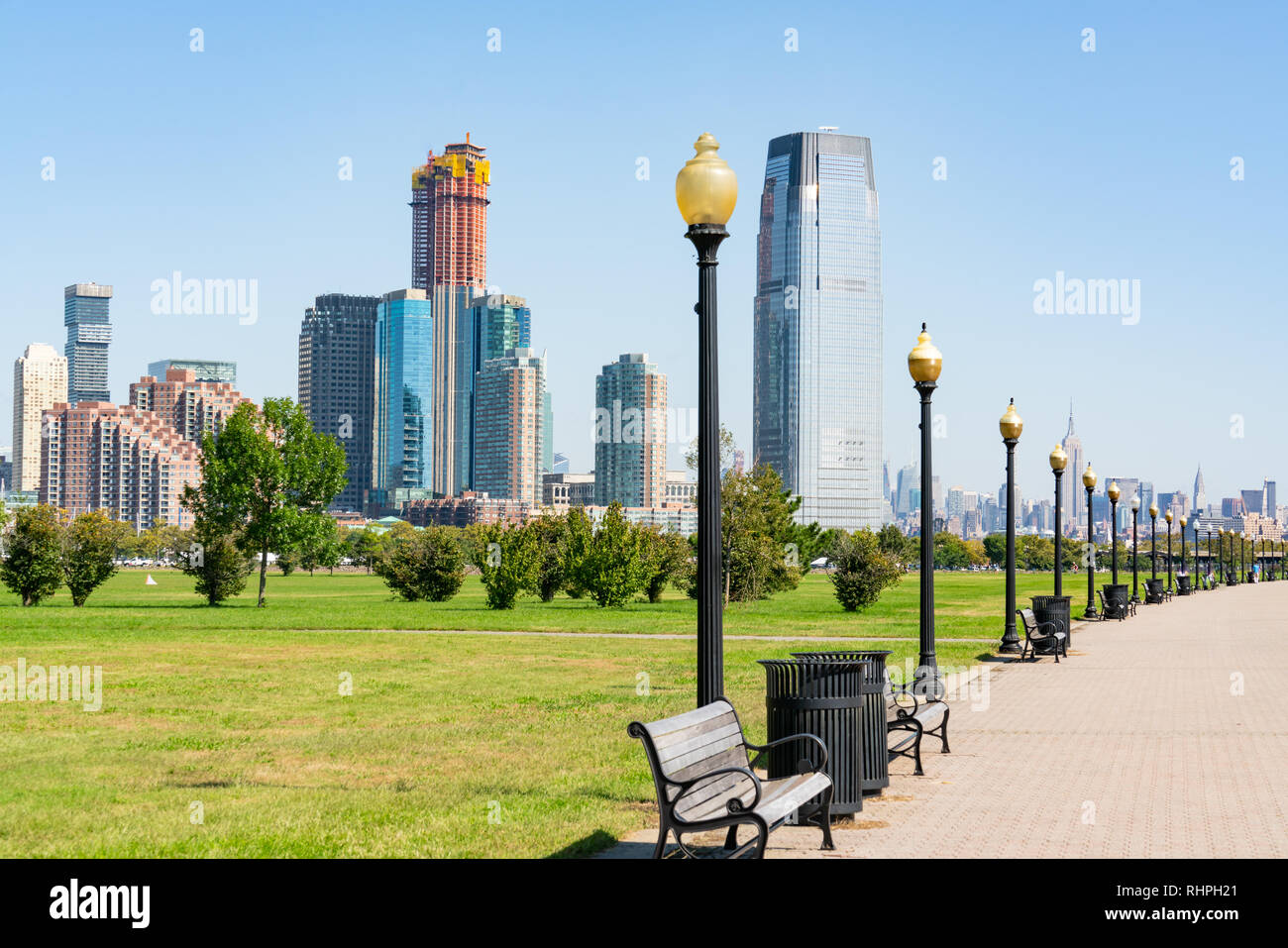 Skyline of Jersey City, New Jersey along path in Liberty State Park Stock Photo
