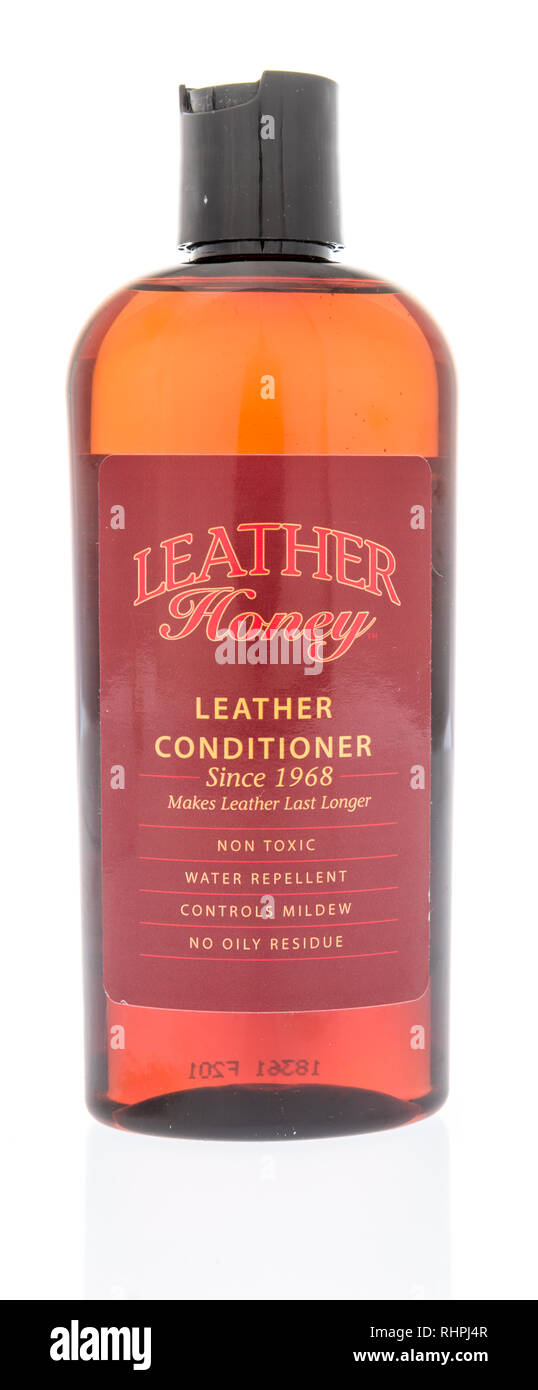 Winneconne, WI - 28 January 2019: A bottle of leather honey conditioner on an isolated background Stock Photo