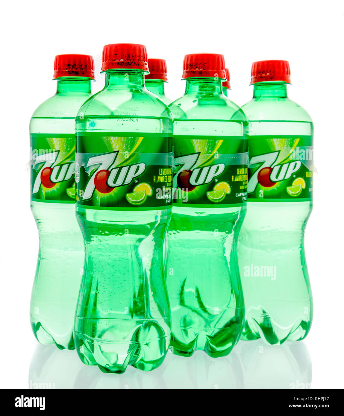 Winneconne, WI - 3 February 2019: A six pack of 7-up soda on an isolated background Stock Photo