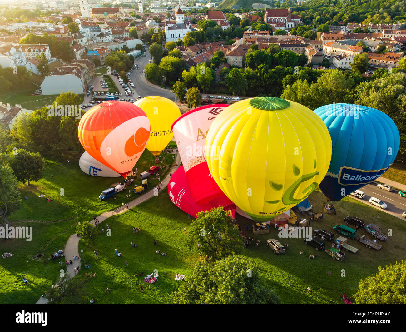 VILNIUS, LITHUANIA AUGUST 15, 2018 Colorful hot air balloons taking