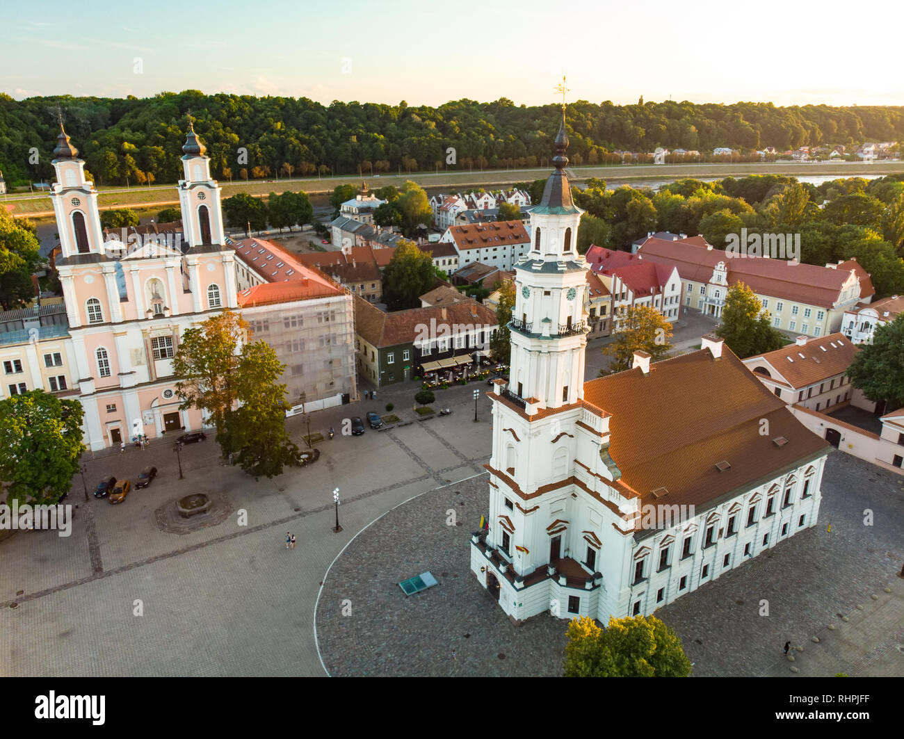 Aerial view of Kaunas Town Hall Square at the heart of the Old Town, Kaunas, Lithuania. Sunny summer evening. Stock Photo