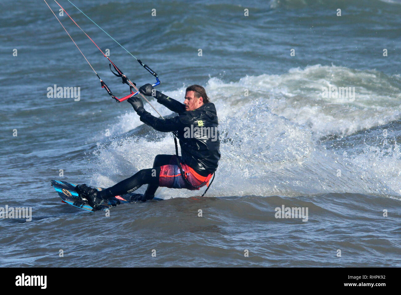 Floris kite sailing at Cobourg harbour Stock Photo