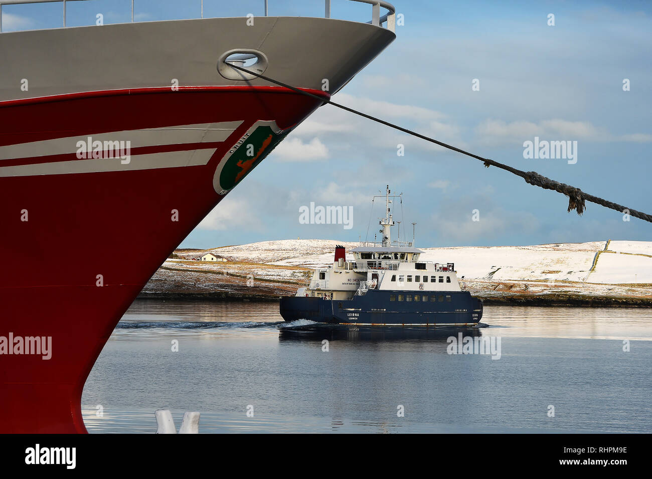 A view of the Bressay Ferry sailing from Lerwick to Bressay in Shetland, Scotland.   Shetland Stock. Stock Photo