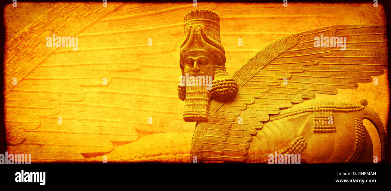 Grunge background with paper texture and lamassu - human-headed winged bull statue, Assyrian protective deity. Copy space for text. Mock up template Stock Photo