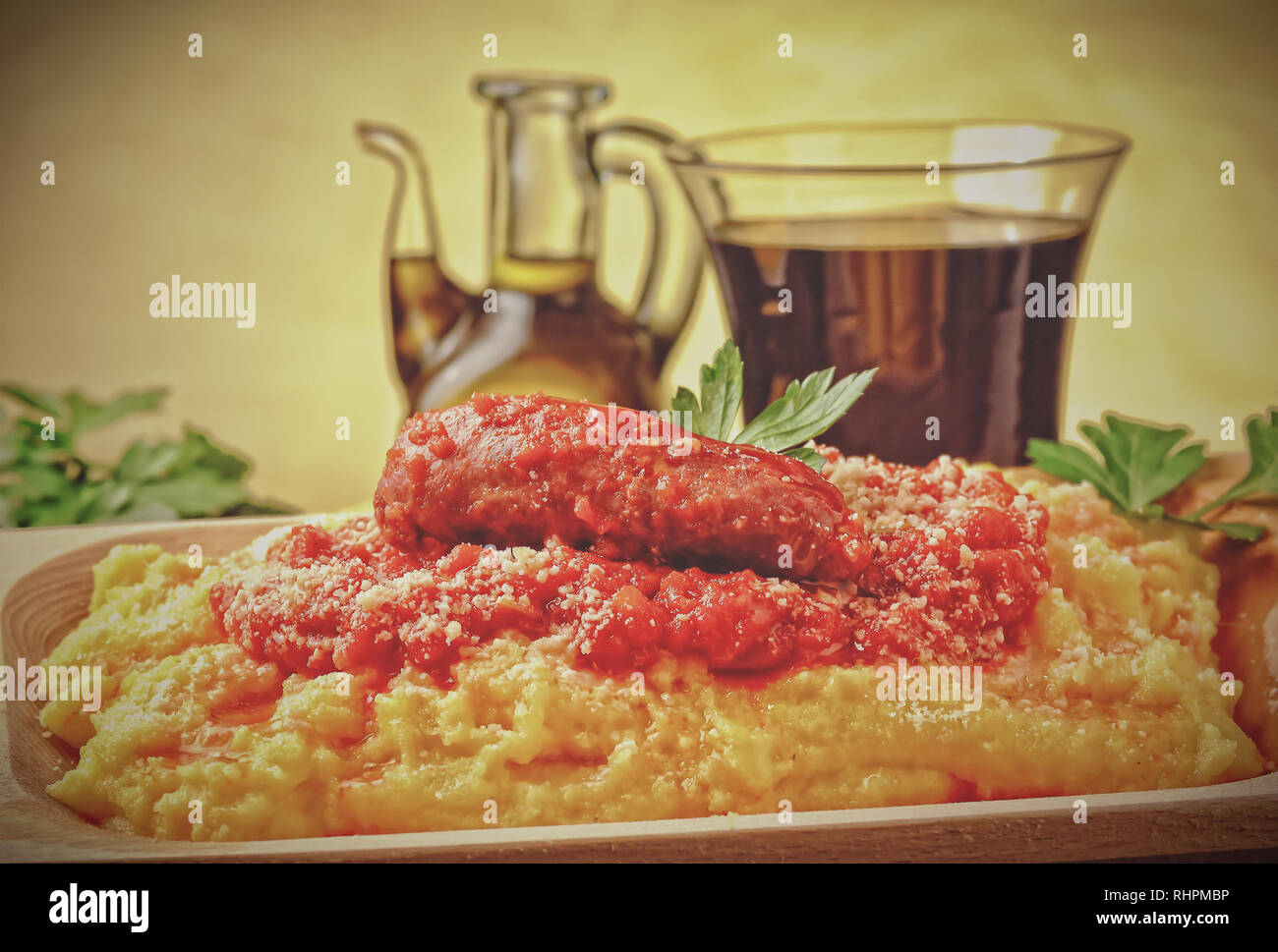 Italian polenta with sausages closeup Stock Photo