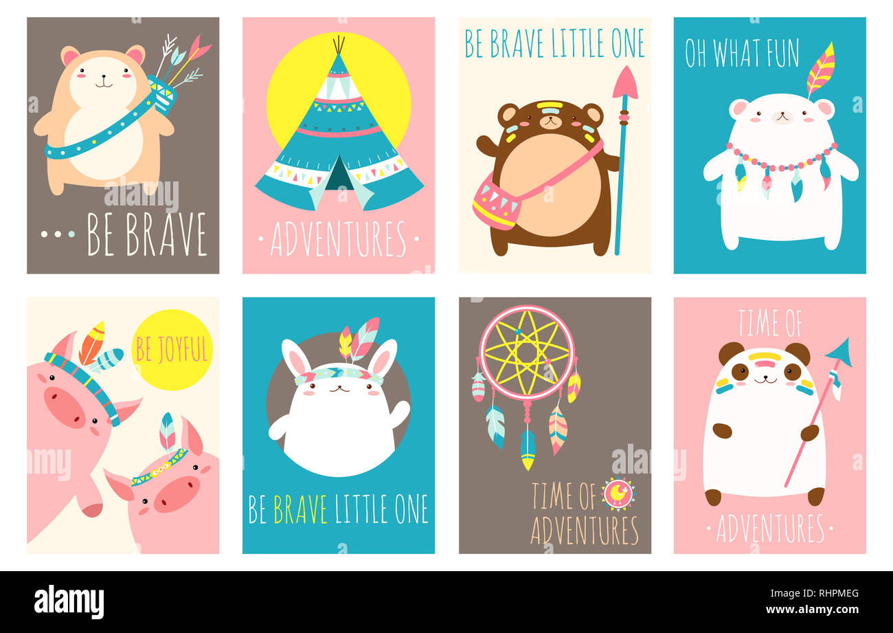 Collection of tribal banner, background, flyer, sticker, placard with cute animals. Vector template card for greeting, decoration, congratulation. Ins Stock Photo