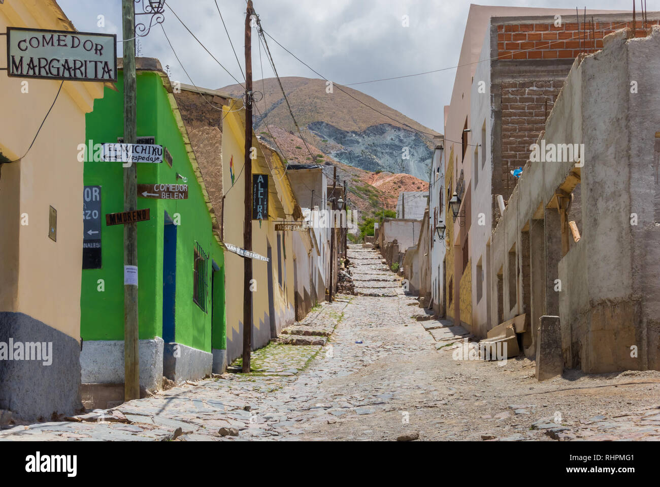 Cobblestoned street in the center of indigenous village Iruya, Argentina Stock Photo