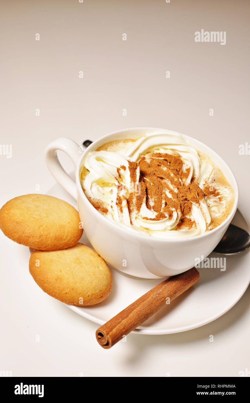 Close up of a hot cup of cappuccino with biscuits and cinnamon stick as decoration on white background. Vertical view, copy text Stock Photo