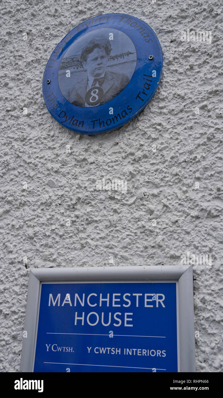 Plaque marking the late Welsh poet Dylan Thomas trail in the coastal ...