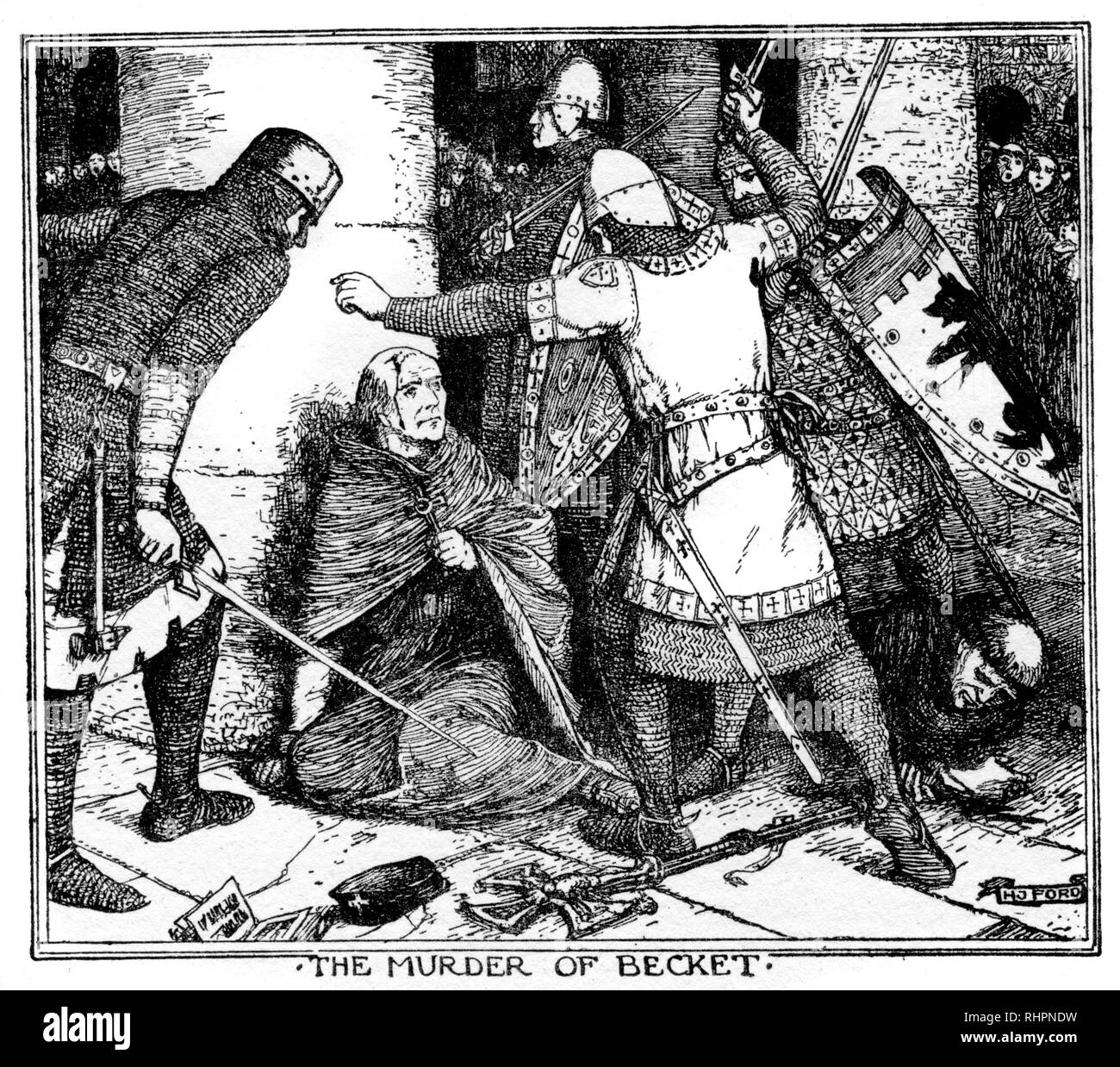The Murder of Becket. By Henry Justice Ford (1860-1941). Thomas Becket, also known as Saint Thomas of Canterbury, Thomas of London and Thomas à Becket (c1119–1170), was Archbishop of Canterbury from 1162 until his murder in 1170. He is venerated as a saint and martyr by both the Catholic Church and the Anglican Communion. He engaged in conflict with Henry II, King of England, over the rights of the Church and was murdered by followers of the king in Canterbury Cathedral. Stock Photo