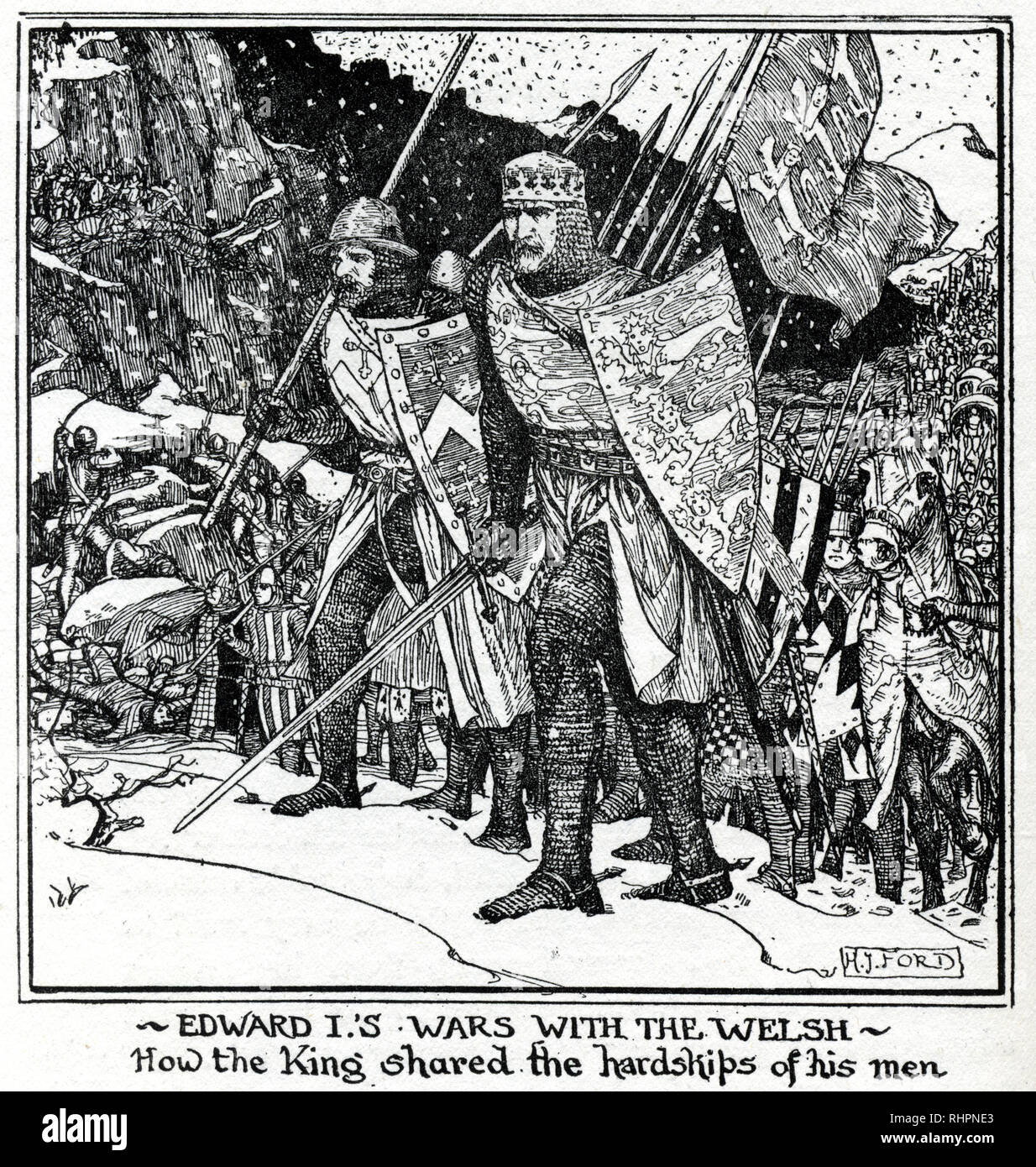 Edward I's wars with the Welsh. By Henry Justice Ford (1860-1941). The conquest of Wales by Edward I (Edwardian Conquest of Wales) took place between 1277 and 1283. It resulted in the defeat and annexation of the Principality of Wales. Stock Photo