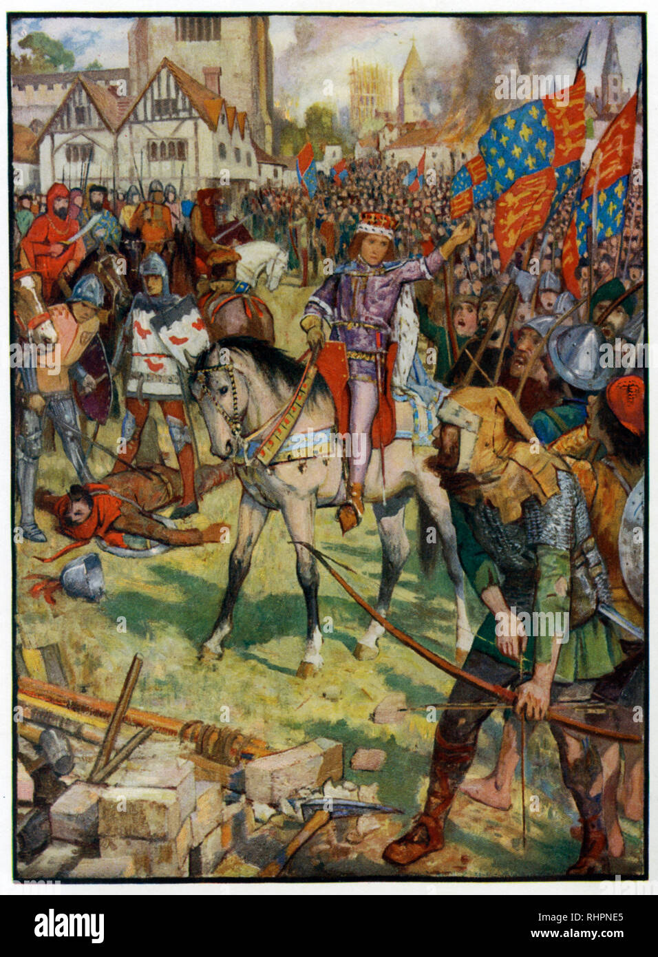 Richard II and Wat Tyler. By Henry Justice Ford (1860-1941). Walter 'Wat' Tyler (d1381) was a leader of the 1381 Peasants' Revolt in England. He marched with rebels from Canterbury to London to oppose the institution of a poll tax and demand economic and social reforms. Tyler was killed by officers loyal to King Richard II during negotiations at Smithfield, London. Stock Photo