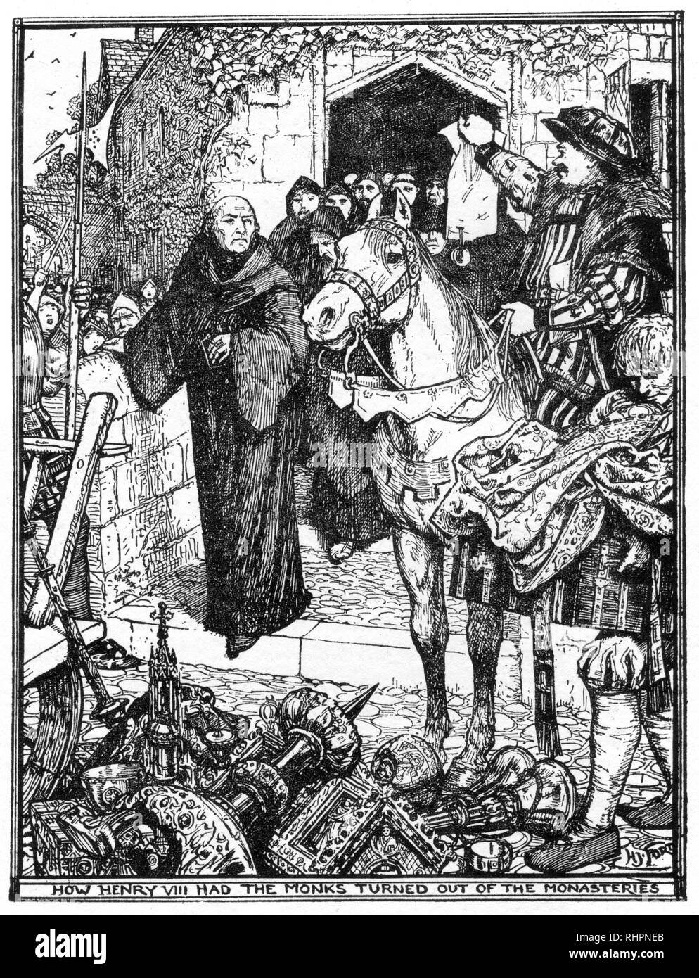How Henry VIII had the monks turned out of the monasteries. By Henry Justice Ford (1860-1941). The Dissolution of the Monasteries, sometimes referred to as the Suppression of the Monasteries, was the set of administrative and legal processes by which Henry VIII disbanded monasteries, priories, convents and friaries in England, Wales and Ireland; appropriating their income and assets. Stock Photo