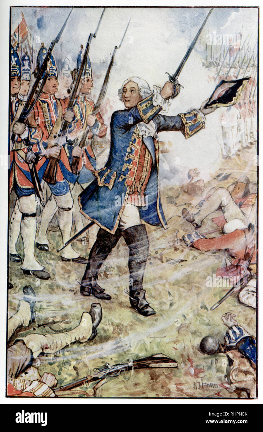 George II at Dettingen, 1743. By Henry Justice Ford (1860-1941). The Battle of Dettingen (Schlacht bei Dettingen) took place on 27th June 1743 at Dettingen on the River Main, Germany, during the War of the Austrian Succession. The British forces, in alliance with those of Hanover and Hesse, defeated a French army under the duc de Noailles. George II commanded his troops in the battle; this marked the last time a British monarch personally led their troops on the battlefield. Stock Photo