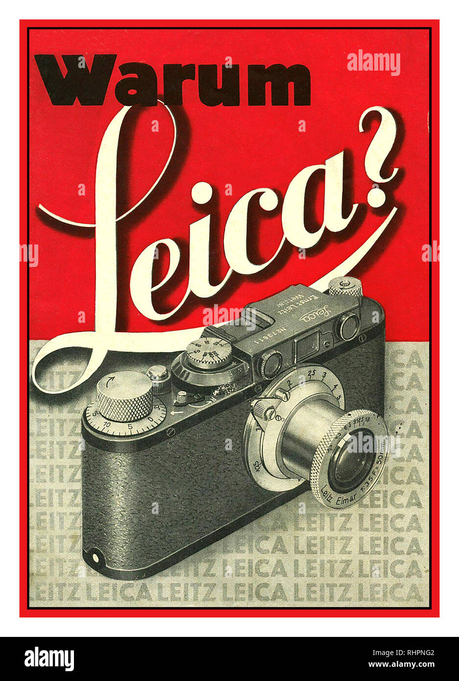 LEICA CAMERA LEITZ VINTAGE Advertising 1930’s ‘Warum Leica?’ “Why Leica?”Sales Cover Page, Black Body Leica II D 1932. Renowned 35mm camera manufactured by the Leitz Company Germany Stock Photo
