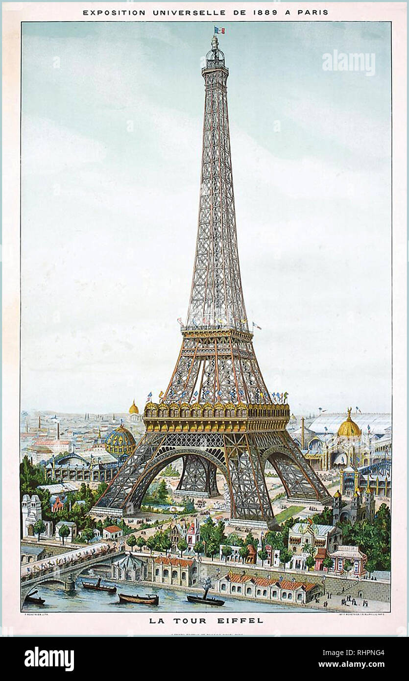 Vintage1889 Eiffel Tower poster for “Exposition Universelle”, 1889. Lithograph Colour Historic Paris France The Exposition Universelle of 1889 was a world's fair held in Paris, France, from 6 May to 31 October 1889. It was held during the year of the 100th anniversary of the storming of the Bastille, an event considered symbolic of the beginning of the French Revolution. Stock Photo