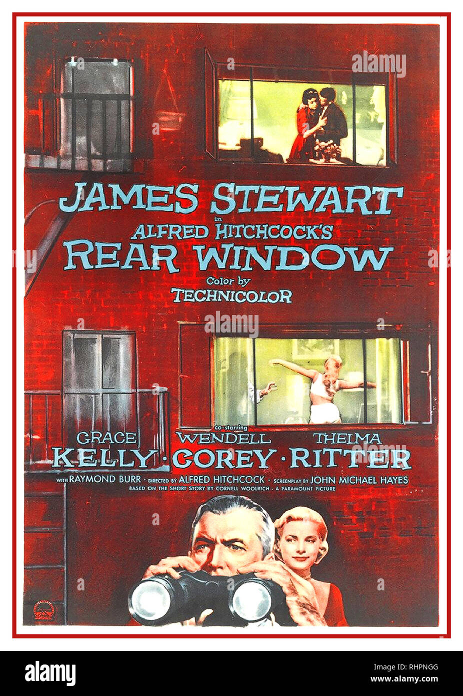 REAR WINDOW  Starring James Stewart & Grace Kelly Directed by Alfred Hitchcock. Vintage US film poster from (1954) This poster would have been used outside the cinema at the films original release. This is a classic thriller directed by Alfred Hitchcock and is considered by many to be one of Hitchcock's finest films. Stock Photo