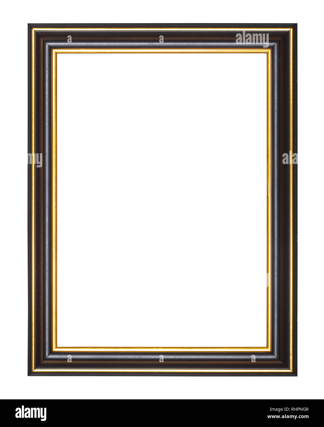 empty wide black and gold wooden picture frame with cut out canvas
