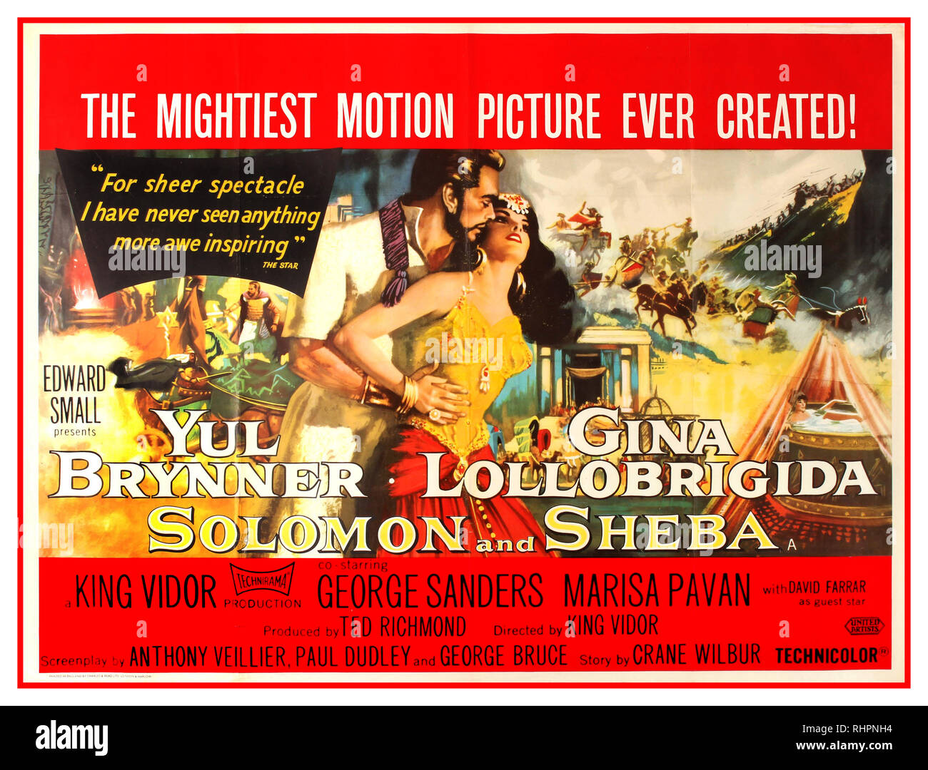 Vintage movie poster for the UK release of Solomon and Sheba, a 1959 American epic historical romance film directed by King Vidor, shot in Technirama (color by Technicolor), and distributed by United Artists.The film dramatizes events described in The Bible—the tenth chapter of the First Kings and the ninth chapter of Second Chronicles. It starred Yul Brynner as Solomon and Gina Lollobrigida as Sheba; and features George Sanders as Adonijah, Marisa Pavan as Abishag, and David Farrar as the Pharaoh. The screenplay by Anthony Veiller, Paul Dudley, and George Bruce. Stock Photo