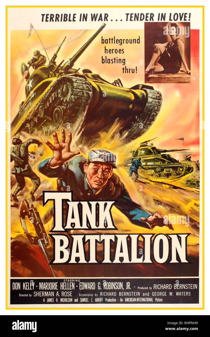 Original vintage movie poster for a Tank Battalion (also known as Korean Attack). This is a 1958 war film directed by Sherman A. Rose and starring Don Kelly, Leslie Parrish and Edward G. Robinson Jr. Four men in their tank, during the Korean War in 1951, find themselves behind enemy lines. American International Pictures originally released the film as a double feature with Hell Squad. Starring Don Kelly, Marjorie Hellen and Edward G. Robinson, Jr.Country: USA. Year: 1958 Stock Photo